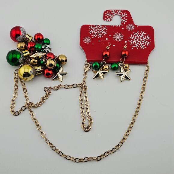 Christmas Ornament Necklace & Earrings Set Gold Tone Dangle Drop Charms Festive - Picture 1 of 6